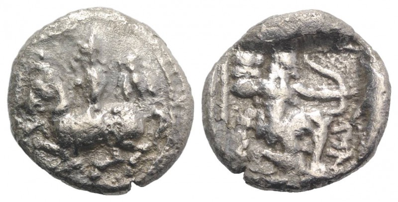 Cilicia, Tarsos, c. 410 BC. AR Drachm (15mm, 3.30g, 1h). Male figure, wearing sa...