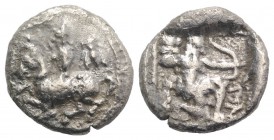Cilicia, Tarsos, c. 410 BC. AR Drachm (15mm, 3.30g, 1h). Male figure, wearing satrapal dress, on horse galloping l.; bee to upper r. R/ Archer kneelin...