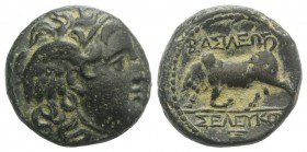 Seleukid Kings, Seleukos I (312-281 BC). Æ (19mm, 6.36g, 12h). Antioch. Winged head of Medusa r. R/ Bull charging l. SC 24.2. Green patina, near VF