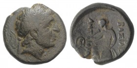 Seleukid Kings, Antiochos I (281-261 BC). Æ (16mm, 4.06g, 4h). Antioch on the Orontes. Diademed head r. R/ Apollo Delphios seated l.; monogram to l. [...