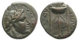 Seleukid Kings, Antiochos II ? (261-246 BC). Æ (17mm, 5.58g, 12h), Sardeis. Laureate head of Apollo to r. R/ Tripod. Cf. SC 523. VF