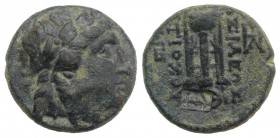 Seleukid Kings, Antiochos II (261-246 BC). Æ (16mm, 4.13g, 12h). Sardeis. Laureate head of Apollo r. R/ Tripod; monograms to outer l. and r., anchor b...