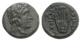 Seleukid Kings, Antiochos II (261-246 BC). Æ (11mm, 2.35g, 12h). Sardeis. Laureate head of Apollo r. R/ Lyre. Cf. SC 529. Green patina, Good VF