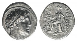 Seleukid Kings, Alexander I (Balas, 152/1-145 BC). AR Drachm (17mm, 3.80g, 12h). Antioch, 150/49 BC. Diademed head r. R/ Apollo Delphios seated l. on ...