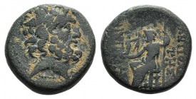 Seleukis and Pieria, Antioch, 1st century BC. Æ Tetrachalkon (19mm, 9.88g, 1h). Laureate head of Zeus r. R/ Zeus Nikephoros seated l.; all within laur...