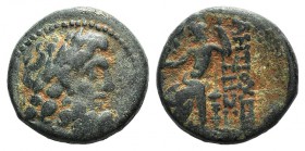Seleukis and Pieria, Antioch, c. 38-35 BC. Æ Tetrachalkon (19mm, 7.26g, 1h). Laureate head of Zeus r. R/ Zeus Nikephoros seated l. Cf. RPC 4230; HGC 9...