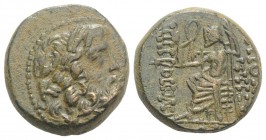 Seleukis and Pieria, Antioch, Civic Issue. 1st century BC. Æ Tetrachalkon (20mm, 10.59g, 1h). Laureate head of Zeus r. R/ Zeus Nikephoros seated l. on...