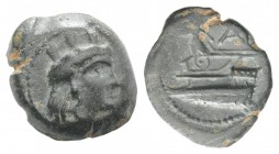 Phoenicia, Arados, c. 242/1-167/6 BC. Æ (17mm, 3.72g, 2h). Turreted head of Tyche r. R/ Athena standing l. on prow of galley l.; monogram to upper r. ...
