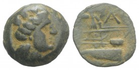 Phoenicia, Arados, c. 242/1-167/6 BC. Æ (15mm, 2.48g, 6h). Turreted head of Tyche r. R/ Athena standing l. on prow of galley l.; monogram to upper r. ...