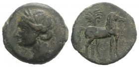 Carthage, Second Punic War, c. 220-215 BC. Æ Trishekel (32mm, 21.00g, 12h). Wreathed head of Tanit l. R/ Horse standing r.; palm tree in background to...