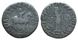 Indo-Skythians, Apracharajas. Aspavarama (c. AD 20-46). BI Tetradrachm (20mm, 9.78g, 3h). Azes on horseback r., holding whip; monograms before and bel...