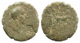 Julius Caesar, c. 45 BC. Mysia, Lampsacus. Æ (20.5mm, 4.66g, 12h). Q. Lucretius and L. Pontius, duoviri, M. Turius, legate. Laureate head of Caesar r....
