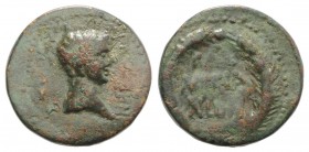 Nero (54-68). Moesia Inferior, Callatis. Æ (23mm, 8.01g, 12h). Bare head r. R/ Ethnic in three lines across field; all within grain-ear wreath. RPC I ...