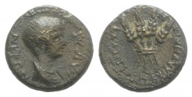 Nero (54-68). Lydia, Blaundus. Æ (15mm, 3.44g, 12h). Bare-headed and draped bust r. R/ Four grain ears, tied together. RPC I 3060. Brown patina, near ...