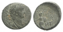 Nero (54-68). Pamphylia, Side. Æ (16mm, 4.79g, 1h), c. AD 55. Laureate and draped bust r. R/ Athena advancing l., holding spear and shield; [pomegrana...