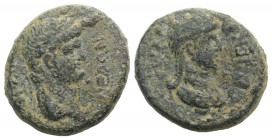 Nero with Poppaea (54-68). Koinon of Galatia. Æ (22mm, 9.38g, 12h). Laureate head of Nero r. R/ Draped bust of Poppaea r. Cf. RPC I 3562. Green patina...