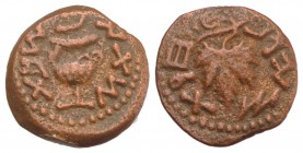 Judaea, Jewish War, 66-70 CE. Æ Prutah (16mm, 2.26g, 12h), year 2 (67/8). Amphora with broad rim and two handles. R/ Grape leaf on vine. Meshorer 196;...