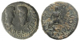 Titus and Domitian (Caesares, 69-81). Lycaonia, Laodicea Combusta. Æ (20mm, 6.28g, 12h). Confronted bare heads of Titus and Domitian. R/ Cybele seated...