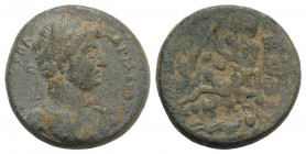 Hadrian (117-138). Phrygia, Apamea. Æ (20mm, 6.33g, 6h). Laureate bust r., wearing aegis. R/ River god Marsyas reclining l. within cavern, holding cor...