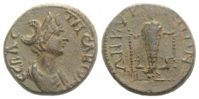Sabina (Augusta, 128-136/7). Phrygia, Ancyra. Æ (16mm, 3.55g, 6h). Draped bust r. R/ Facing statue of Artemis Ephesia, with supports; stag to l. and r...