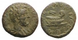 Commodus (177-192). Thrace, Coela. Æ (17mm, 3.51g, 1h). Laureate, draped and cuirassed bust r. R/ Prow of galley r.; two grain ears above. RPC IV onli...