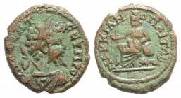 Septimius Severus (193-211). Moesia Inferior, Marcianopolis. Æ (20mm, 4.23g, 6h). Laureate, draped and cuirassed bust r. R/ Cybele seated l. between t...