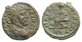 Septimius Severus (193-211). Moesia Inferior, Marcianopolis. Æ (18mm, 3.55g, 12h). Laureate, draped and cuirassed bust r. R/ Cybele seated l. between ...