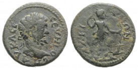 Septimius Severus (193-211). Mysia, Hadriani ad Olympum. Æ (19mm, 4.13g, 6h). Laureate head r. R/ Artemis advancing r., holding bow and drawing arrow ...