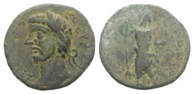 Septimius Severus (193-211). Pisidia, Antioch. Æ (22mm, 4.93g, 6h). Laureate head l. R/ Mên standing l., l. foot on [bucranium] holding sceptre and Ni...