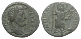 Septimius Severus (193-211). Pisidia, Antioch. Æ (22mm, 5.24g, 6h). Laureate head r. R/ Mên standing r., with foot on bucranium, holding sceptre and V...