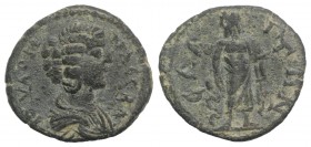 Julia Domna (Augusta, 193-211). Aeolis, Elaea. Æ (18mm, 2.00g, 6h). Draped bust r. R/ Asclepius standing facing, head l., resting on serpent-entwined ...