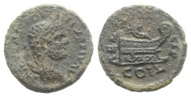 Caracalla (198-217). Thrace, Coela. Æ (17mm, 3.33g, 6h). Laureate head r. R/ Prow r.; cornucopia above. Cf. Varbanov 2917-8. Green patina, Good Fine