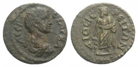 Geta (209-211). Lydia, Dioshieron. Æ (15mm, 2.16g, 6h). Bareheaded, draped and cuirassed bust r. R/ Asklepios standing facing, head l., resting hand u...