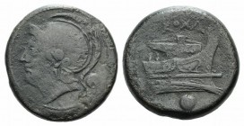 Anonymous, Rome, c. 217-215 BC. Æ Uncia (25mm, 13.71g, 9h). Helmeted head of Roma l. R/ Prow of galley r. Crawford 38/6; RBW 98-9. Fine - Good Fine