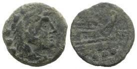 Star series, Rome, 169-158 BC. Æ Quadrans (18mm, 4.03g, 3h). Head of Hercules r., wearing lion skin. R/ Prow of galley r.; star to r. Crawford 196/4; ...