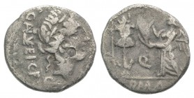 C. Egnatuleius C.f., Rome, 97 BC. AR Quinarius (14mm, 1.78g, 11h). Laureate head of Apollo. R/ Victory standing l., inscribing shield attached to trop...