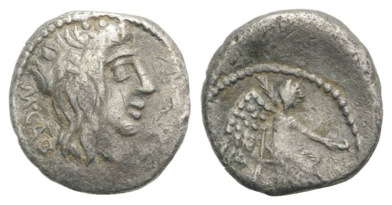 M. Cato, Rome, 89 BC. AR Quinarius (12mm, 1.68g, 6h). Head of Liber r., wearing ...