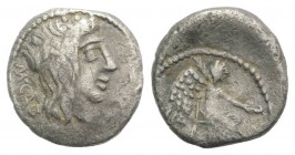 M. Cato, Rome, 89 BC. AR Quinarius (12mm, 1.68g, 6h). Head of Liber r., wearing ivy wreath. R/ Victory seated r. on throne, holding palm branch and pa...