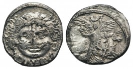 Roman Imperatorial, L. Plautius Plancus, Rome, 47 BC. Fourrèe Denarius (17mm, 3.06g, 3h). Facing head of Medusa with disheveled hair; serpents on eith...