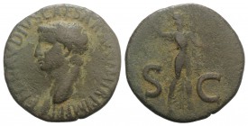 Claudius (41-54). Æ As (28mm, 10.10g, 2h). Rome. Bare head l. R/ Minerva, wearing aegis, advancing r., brandishing spear with r. hand and holding roun...