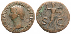 Claudius (41-54). Æ As (28mm, 8.66g, 6h). Rome. Bare head l. R/ Minerva, wearing aegis, advancing r., brandishing spear with r. hand and holding round...
