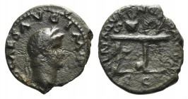 Nero (54-68). Æ Semis (16mm, 2.73g, 6h). Rome, c. AD 64. Laureate head r. R/ Table seen from front, bearing urn and wreath; round shield resting again...