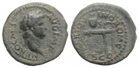 Nero (54-68). Æ Semis (19mm, 3.46g, 6h). Rome, c. AD 64. Laureate head r. R/ Table bearing urn and wreath; on front of l. panel, two gryphons standing...
