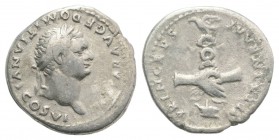 Domitian (Caesar, 69-81). AR Denarius (17.5mm, 3.10g, 6h). Rome, AD 79. Laureate head r. R/ Clasped r. hands holding aquila set on prow. RIC II 1081 (...