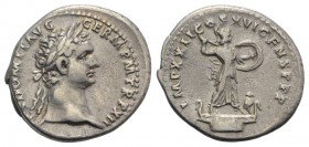 Domitian (81-96). AR Denarius (19mm, 3.43g, 6h). Rome, 93-4. Laureate head r. R/ Minerva standing l. on galley, wearing aegis, and brandishing spear a...