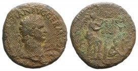 Domitian (81-96). Æ Sestertius (33mm, 18.44g, 6h). Rome. Laureate head r. R/ Victory standing r., foot on helmet, inscribing DE / GER on shield set on...