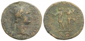 Domitian (81-96). Æ Sestertius (35mm, 21.14g, 6h). Rome, 90-1. Laureate head r. R/ Domitian standing l., holding thunderbolt and spear, being crowned ...