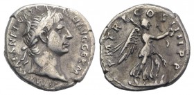 Trajan (98-117). AR Denarius (18mm, 3.11g, 6h). Rome, 101-2. Laureate head r. R/ Victory standing r. on prow, holding wreath and palm. RIC II 59; RSC ...