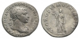 Trajan (98-117). AR Denarius (17.5mm, 3.25g, 7h). Rome, 105-7. Laureate bust right, slight drapery on far shoulder. R/ Spes advancing left, holding fl...