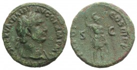 Trajan (98-117). Æ As (27mm, 9.94g, 6h). Rome, AD 100. Laureate bust r., with slight drapery. R/ Mars standing r., holding spear and shield set on gro...
